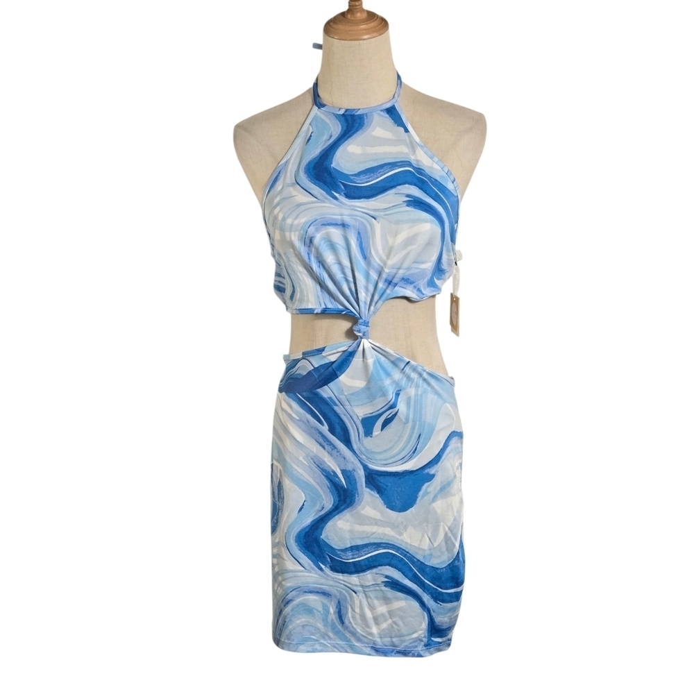 Story On Los Angeles Blue and White Halter Cutout Club Mini Dress NWT